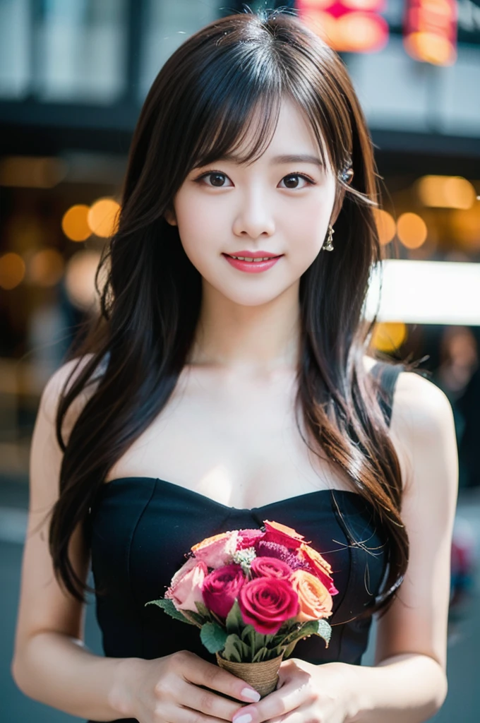 (8K, RAW Photos, Highest quality、masterpiece:1.2), (Realistic、Realistic:1.37), Very detailed, High resolution, 1 girl, Laughter, View your viewers, dress, Beautifully detailed face、(Holding a bouquet:1.3),Beautiful and detailed skin、Skin Texture、Floating Hair、Professional Lighting, noon