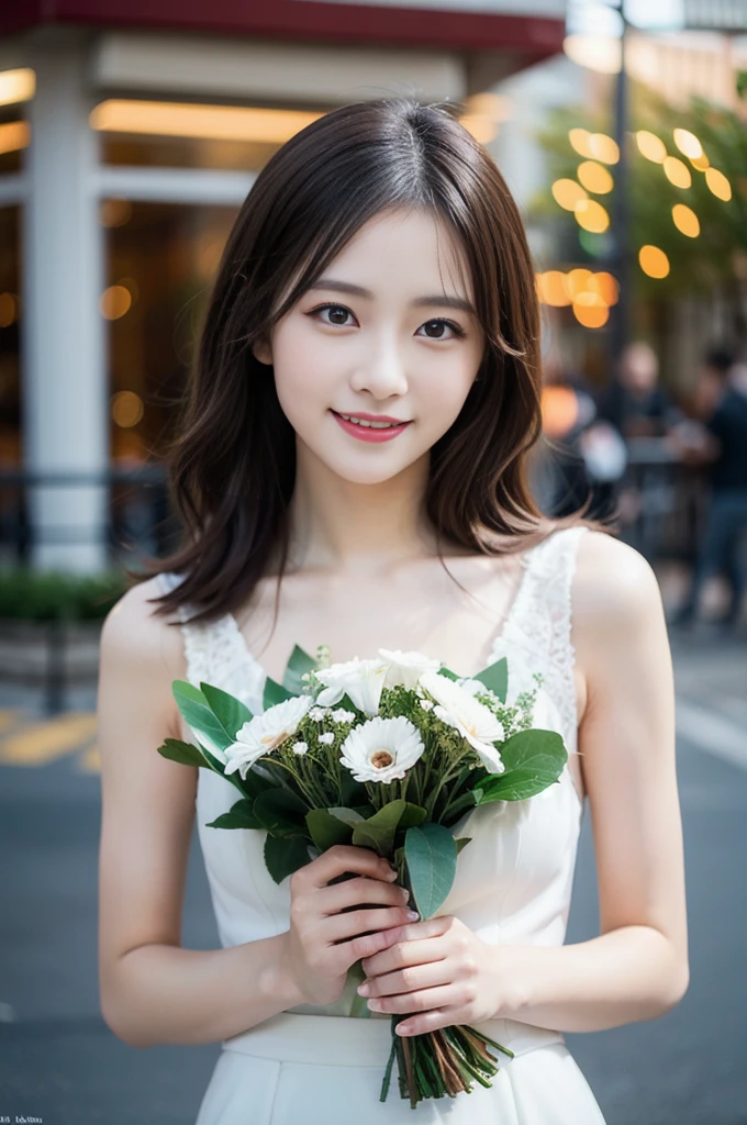 (8K, RAW Photos, Highest quality、masterpiece:1.2), (Realistic、Realistic:1.37), Very detailed, High resolution, 1 girl, Laughter, View your viewers, dress, Beautifully detailed face、(Holding a bouquet:1.3),Beautiful and detailed skin、Skin Texture、Floating Hair、Professional Lighting, noon