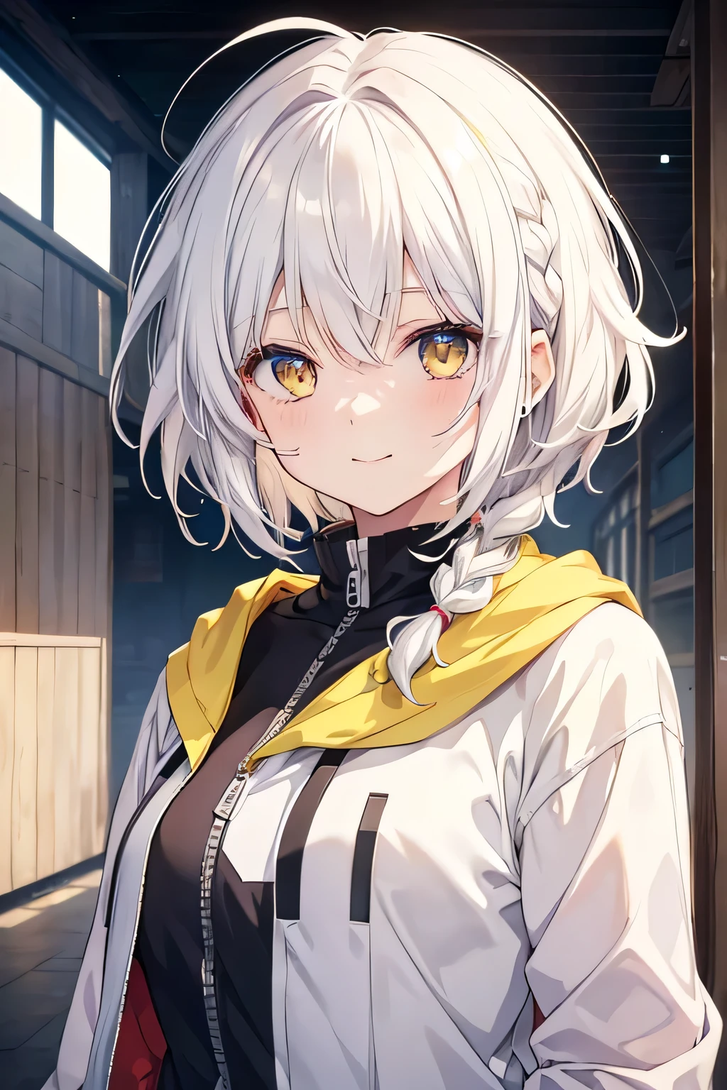girl, cute anime girl, smiling, white hair, short hair, hair in a braid on the side, messy hair, light yellow eyes moe style anime