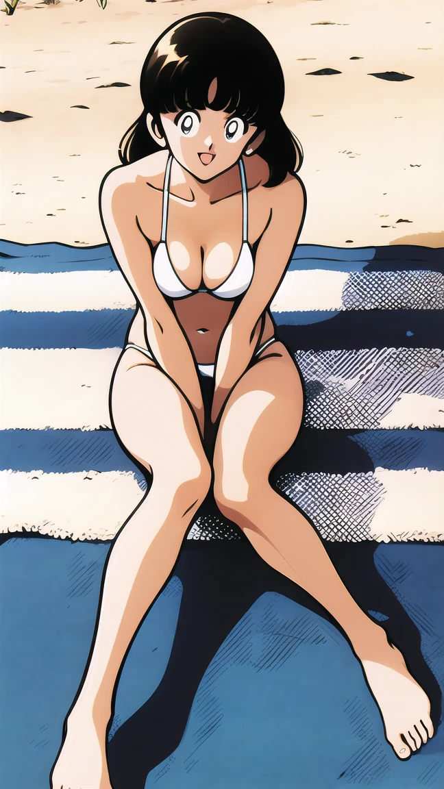 (((character:asakura minami:1.3))),((masterpiece)),((highest quality)),Super detailed,(thin entire outline),enlightenment,explicit,1girl,solo,black hair,medium hair,black eyes,small nose,perfect body,beautiful body,beautiful character design,perfect eyes,perfect face,((happy smile)),small open mouth,(enjoy,having fun:1.2),perspiration,wallpaper,ultra high resolution,8k,photo shoot,(beautiful large breast:1.2),beautiful legs,perfect feet,beautiful skin,fair skin,smooth skin,official style,official art,make a screen cap,outdoor,(summer beach),sunshine,bright lighting,(white micro bikinis),split legs,peace sign,