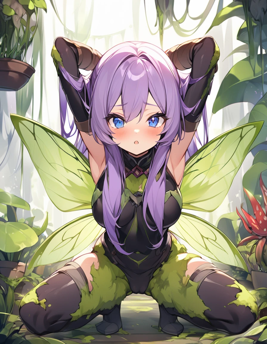 Potted carnivorous plants(moss)A fairy girl bound by red cilia and covered in mucus all over her body 1girl(purple hair,Fairy Wings,)(squatting,arms behind head,spread legs)、(Rear insertion position, ), Blonde hair and blue eyes, Long Hair, Cute Hips, , ,Eye highlights:0.1、
