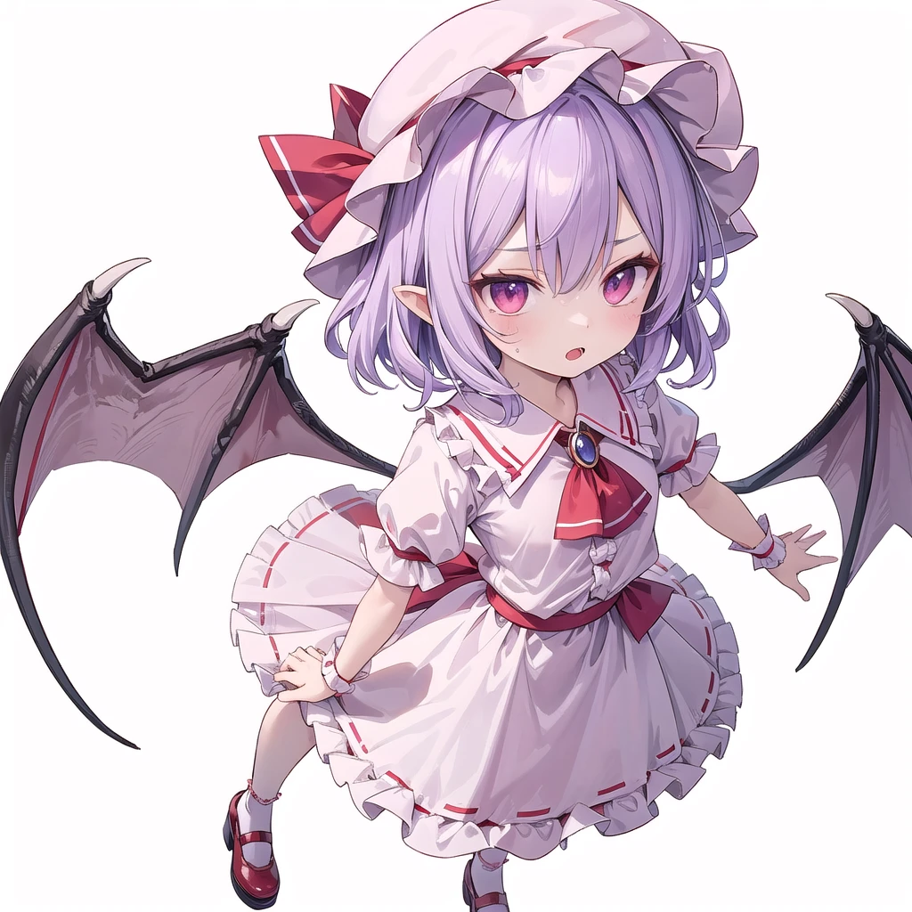 (((one women))),(((remilia scarlet))),(touhou), red eyes, short hair, purple hair, light purple hair, blue hair, slit pupils, fang, bat wings, white headwear, pink headwear, mob cap, white shirt, pink shirt, collared shirt, frilled shirt collar, red ascot, puffy short sleeves, frilled sleeves, wrist cuffs, white skirt, pink skirt, skirt set, frilled skirt, red ribbon, hat ribbon, waist bow, red bow,brooch, holding,(((full body))),(((model posing))),(((white background))),(((Angle from above)))