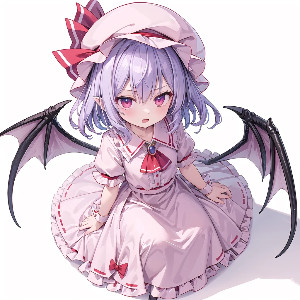(((one women))),(((remilia scarlet))),(touhou), red eyes, short hair, purple hair, light purple hair, blue hair, slit pupils, fang, bat wings, white headwear, pink headwear, mob cap, white shirt, pink shirt, collared shirt, frilled shirt collar, red ascot, puffy short sleeves, frilled sleeves, wrist cuffs, white skirt, pink skirt, skirt set, frilled skirt, red ribbon, hat ribbon, waist bow, red bow,brooch, holding,(((full body))),(((model posing))),(((white background))),(((Angle from above)))