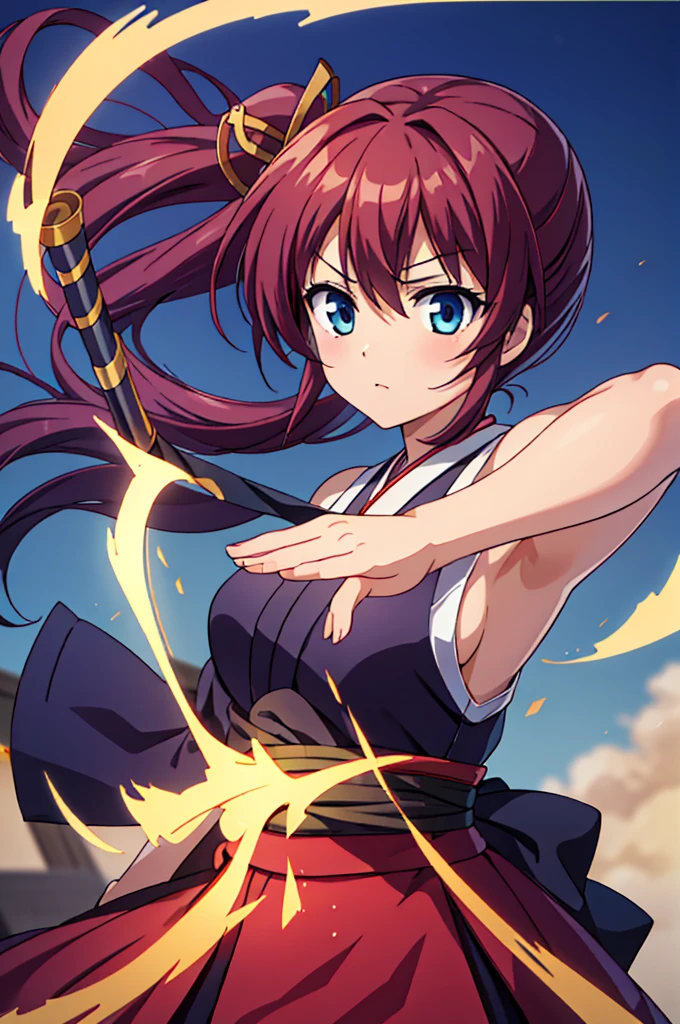 Highest quality, masterpiece, High resolution, alone, （Rurouni Kenshin: Saito Hajime），（Glaring Eyes），roar，（Bow and Arrow) ，Draw the bow，（（Kyudo）），kimono，（Bow and Arrow‗ポーズ），（breastplate），Evening sky_background，Young Girl，Anime Style, Highest quality, 4K, masterpiece,， alone, 1,whole body，looking at the camera, Shinkai Makoto style, （white_coat）Sharp Eyes，Low posture，（(spear‗pose)) ，（Full Finger）, （Accurate fingertips）, （The finer details）, （Anatomically correct）, (映画のbackground), Hyper Detail, (Subtle details), (Intricate details),