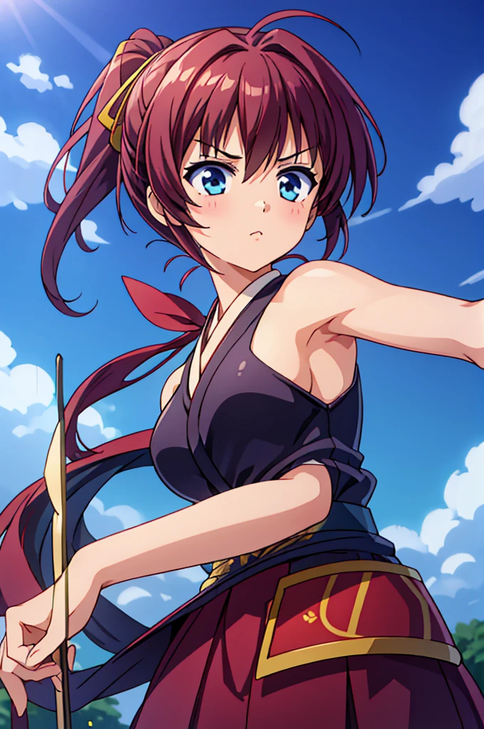 Highest quality, masterpiece, High resolution, alone, (Rurouni Kenshin: Saito Hajime),(Glaring Eyes),roar,(Bow and Arrow) ,Draw the bow,((Kyudo)),kimono,(Bow and Arrow‗ポーズ),(breastplate),Evening sky_background,Young Girl,Anime Style, Highest quality, 4K, masterpiece,, alone, 1,whole body,looking at the camera, Shinkai Makoto style, (white_coat)Sharp Eyes,Low posture,((spear‗pose)) ,(Full Finger), (Accurate fingertips), (The finer details), (Anatomically correct), (映画のbackground), Hyper Detail, (Subtle details), (Intricate details),