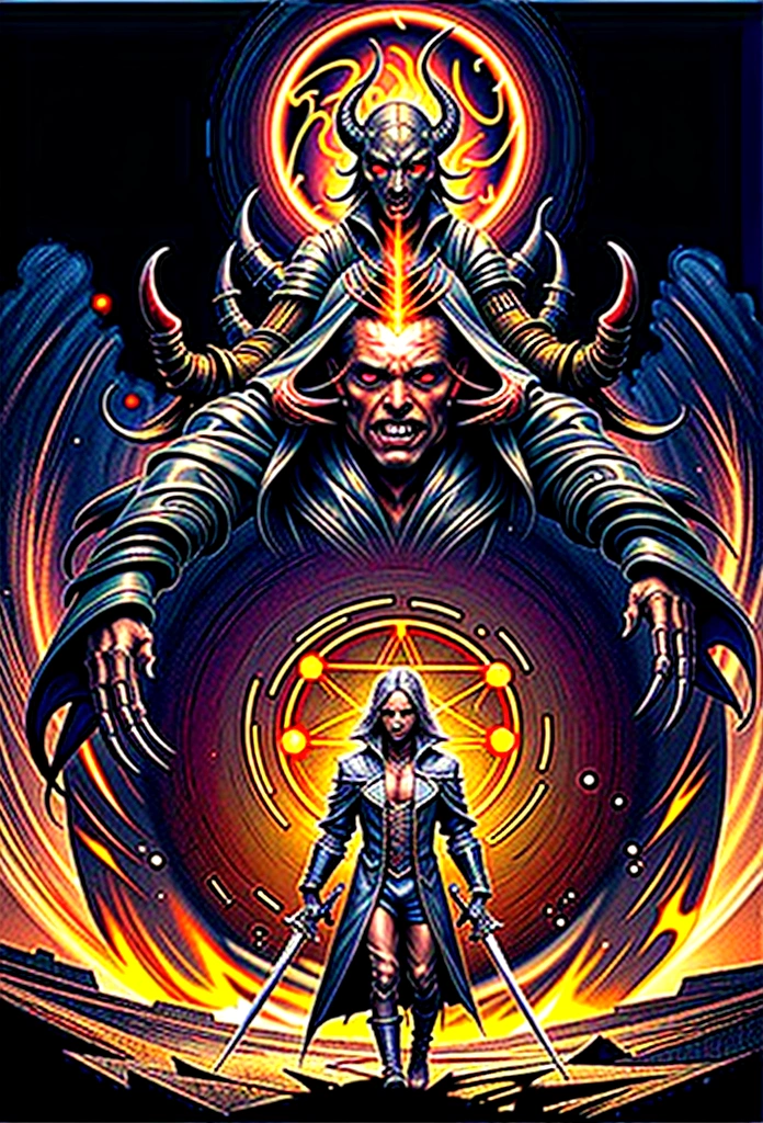 Hell God, lucifer, black face, no face, re eyes, holding glowing light sword, glowing text, against giant hell lord, ((circle light symbol)), behind head, dark fantasy art, death metal album cover, smoke, fire, lord of hell, ((diablo))