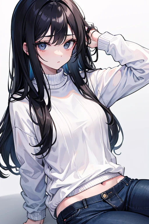 masterpiece,1 woman,black long hair,black eye, White skin,sweater,jeans