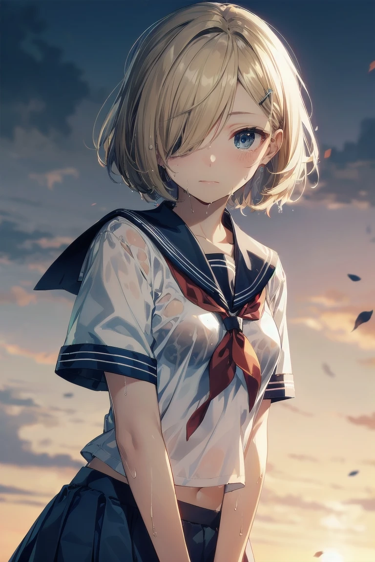 Heavy rain,outdoors,highest quality, anime moe art style,Best Anime 8K Kona-chan Wallpaper,Pixiv contest winners,perfect anatomy, (Please draw a girl walking sleepily to school),break, 1 girl, (alone,,,:1.3),high school student, short hair, amount, (hair above one eye:1.9),All limbs, full finger,medium breasts, between legs, small eyes,Precise blue eyes,hair clip, (sailor suit:1.5),(school uniform:1.5) ,(wet clothes),skirt,On the way to school,break,Super detailed,High resolution,super dense skin,professional lighting,8K eye details,(cute illustration:1.2),blonde hair,(wet hair:1.4),(bra visible through clothes),No expression,(hair above one eye:1.2),tearful,towel