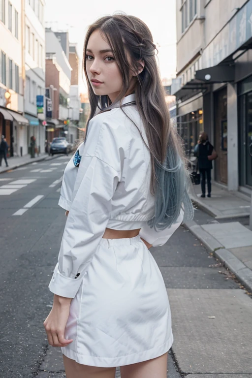 An adult anime girl, full body and 1 elegant and subtle tattoo, with long hair and dynamic hairstyle and fashion styles, designed for high quality anime girls, Athletic and artistic anime style, Urban, Stylish outfits, Panning shot, A detailed portrait , with light blue eyes, hair color, smooth, dark skin and white clothes, what is a partially colored white background, white clothes, white eye color, white skin color