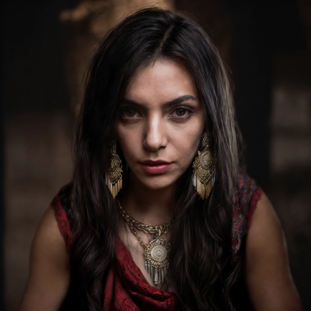 (masterpiece)+, (extremely (realistic)+,a portrait of an beautiful young female gipsy, Seductive stare. Looking in camera. volumetrics dtx, Photorealistic, ultra detailed, Artstation trending, very very detailed, realistic shaded lighting, dynamic shadows, detailed Gipsy camp background, upper body, professional photograph of a detailed skin, sharp focus, dramatic, award winning, cinematic lighting, octane render, unreal engine, volumetrics dtx, Photorealistic, ultra detailed, Artstation trending, very very detailed, hyperrealistic, fine details, realistic shaded lighting, dynamic shadows, Gipsy camp background, add_detail:1, skin pores and wrinkles, details.,More Reasonable Details