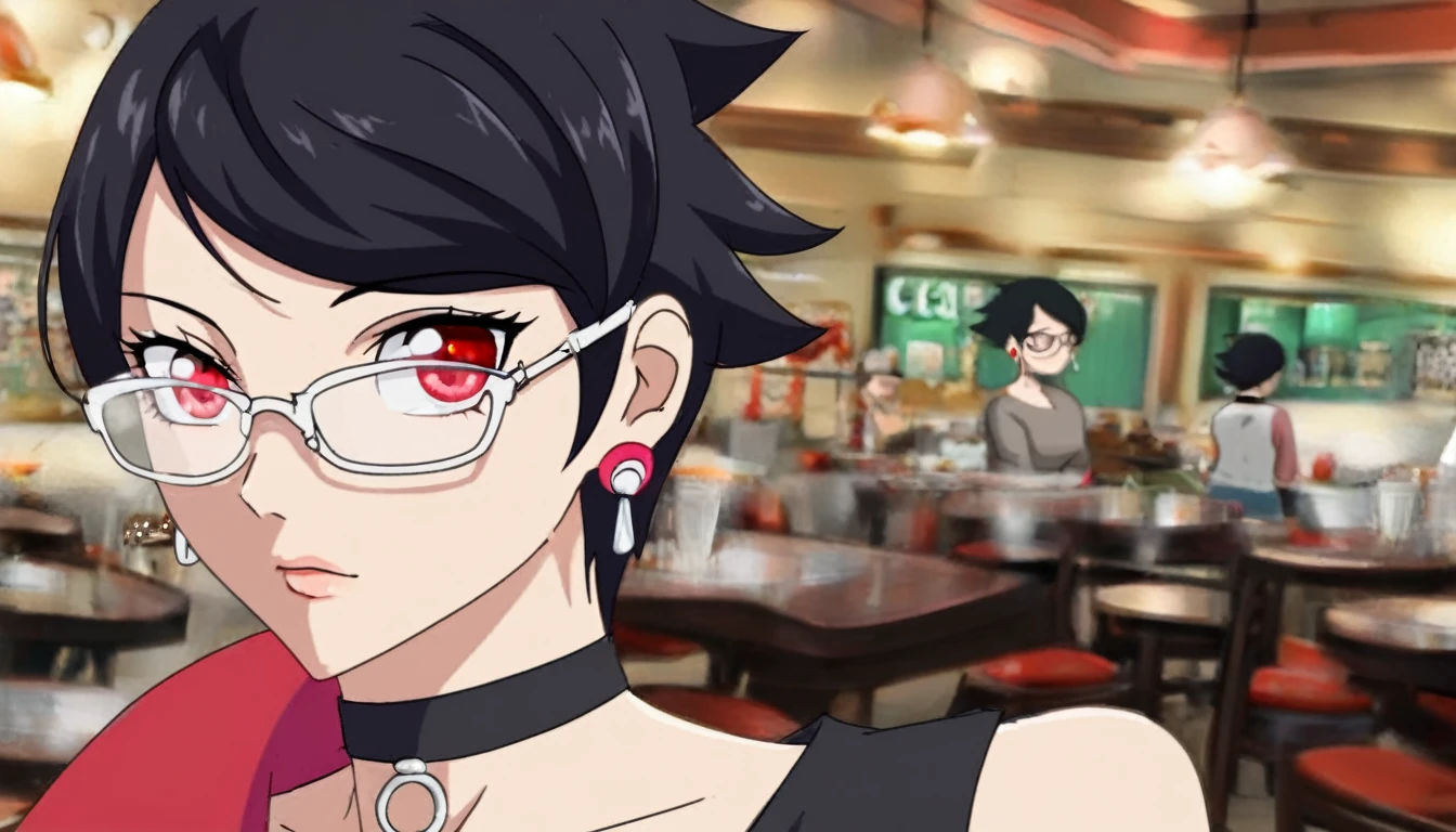 ((1 girl) sarada, black hair, red eyes, short hair, swept bangs, choker, glasses, earrings), chilling in cafe
