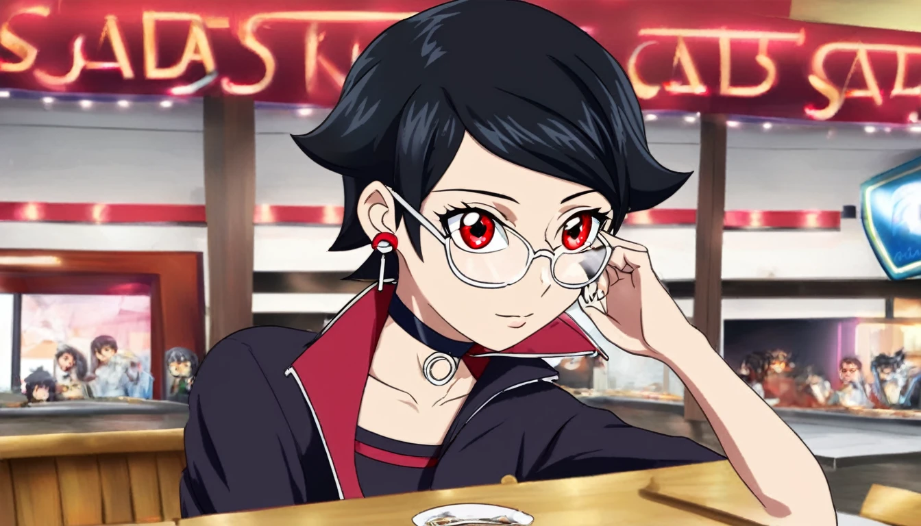 ((1 girl) sarada, black hair, red eyes, short hair, swept bangs, choker, glasses, earrings), chilling in cafe
