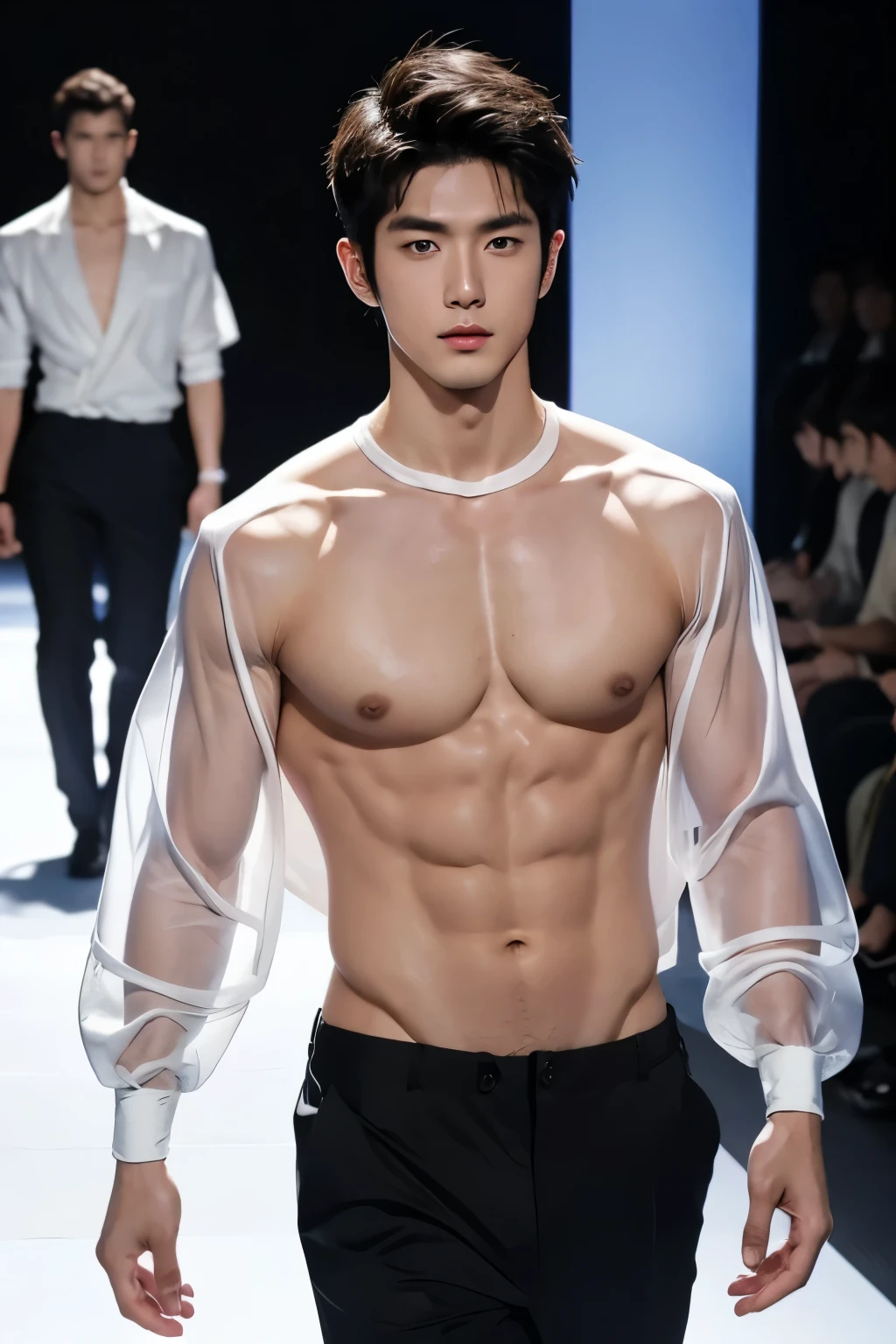 Japanese male model, handsome, cool, perfect body, big muscles, short hair, white skin, wears flowing see-through clothes, sexy poses, catwalk, led lights,