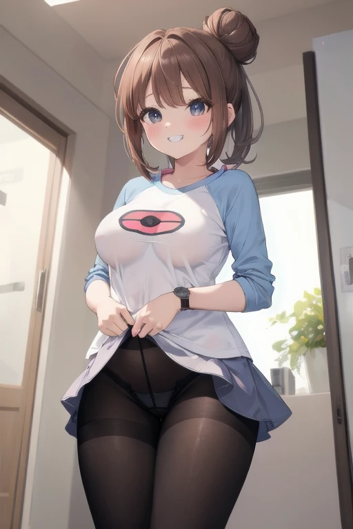 masterpiece, best quality, High resolution, b1, Hair Bun,Brown hair,  black eyes, Black pantyhose, Raglan sleeves,  shirt, 乳首がshirtから透けて見える、pink ribbon, watch, Standing, Cowboy shooting, site, Monster Ball \(basic\), Grin、(Rosa_Pokémon)、(((From the lower thigh)))、sit on face、我手里拿着大腿Monster Ball、(((The opening of your legs)))、underwear，乳首がshirtから透けて見える、乳首がshirtから透けて見える、Fleshy，Broken hair in the ears，short hair，View from below，Pussy crack，Hug chest，Thick thighs，Ponytail