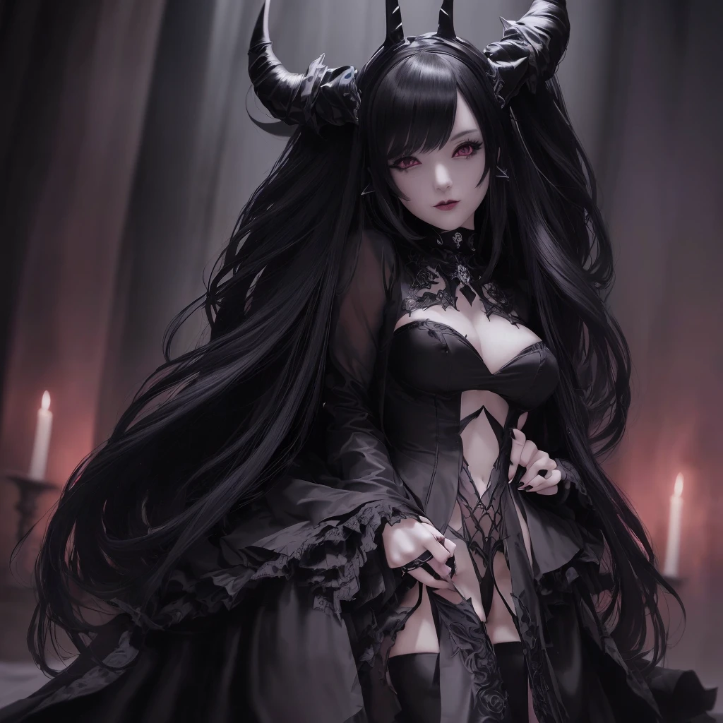 a woman in a black dress with horns and a demon head, demon anime girl, gothic maiden anime girl, dark fantasy style art, anime monster girl, detailed anime art, dark fantasy style, seductive anime girl, beautiful succubus, detailed anime digital art, anime fantasy artwork, demon girl, dark fantasy art, in style of dark fantasy art