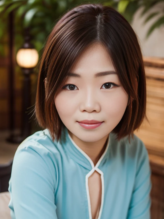 A woman wearing a Chinese dress、She is posing with a traditional Chinese garden as a backdrop。There are red lanterns and bamboo in the background.、Let the elegance and beauty of a woman shine through。