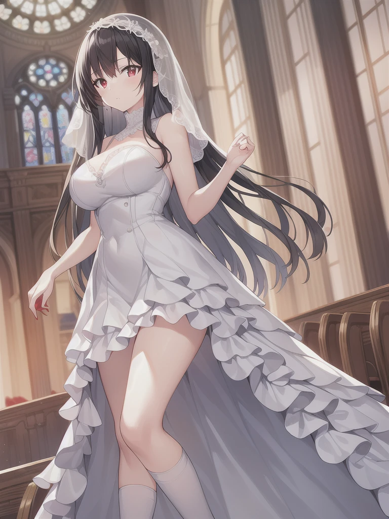 A girl,long hair, Bangs, black hair, Hair between the eyes, (Red eyes:1.5), (Large Breasts:1.2),
rest 锁骨, Wedding dress,veil,wedding,White dress,Flowers,Broken skirt,White socks,Tights,White knee socks,
looking at viewer, whole body,
indoors, church,Standing,Standing,
rest (masterpiece:1.2), best quality, high resolution, Unity 8k Wallpaper, (illustration:0.8), (Beautiful and delicate eyes:1.6), Extremely detailed face, Perfect lighting, Extremely detailed CG, (Perfect hands, Perfect anatomical structure),