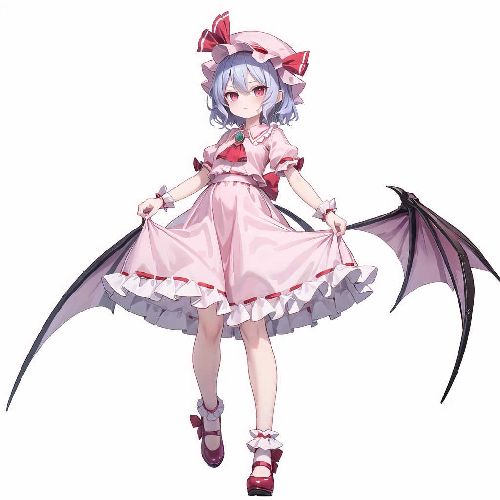 (((one women))),(((remilia scarlet))),(touhou), red eyes, short hair, purple hair, light purple hair, blue hair, slit pupils, fang, white headwear, pink headwear, mob cap, white shirt, pink shirt, collared shirt, frilled shirt collar, red ascot, puffy short sleeves, frilled sleeves, wrist cuffs, white skirt, pink skirt, skirt set, frilled skirt, red ribbon, hat ribbon, waist bow, red bow, brooch, holding,(((full body))),(((model posing))),(((white background))),(((Angle from below)))