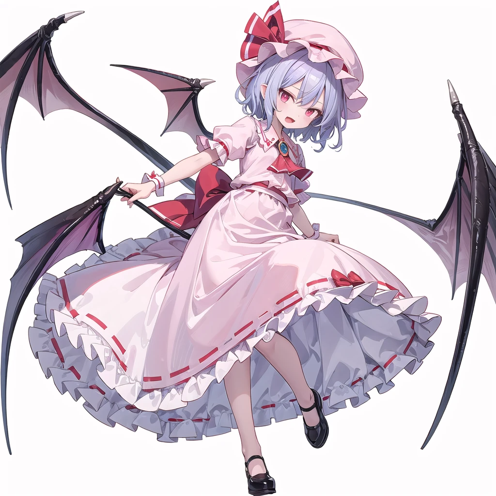 (((one women))),(((remilia scarlet))),(touhou), red eyes, short hair, purple hair, light purple hair, blue hair, slit pupils, fang, white headwear, pink headwear, mob cap, white shirt, pink shirt, collared shirt, frilled shirt collar, red ascot, puffy short sleeves, frilled sleeves, wrist cuffs, white skirt, pink skirt, skirt set, frilled skirt, red ribbon, hat ribbon, waist bow, red bow, brooch, holding,(((full body))),(((model posing))),(((white background))),(((Angle from below)))