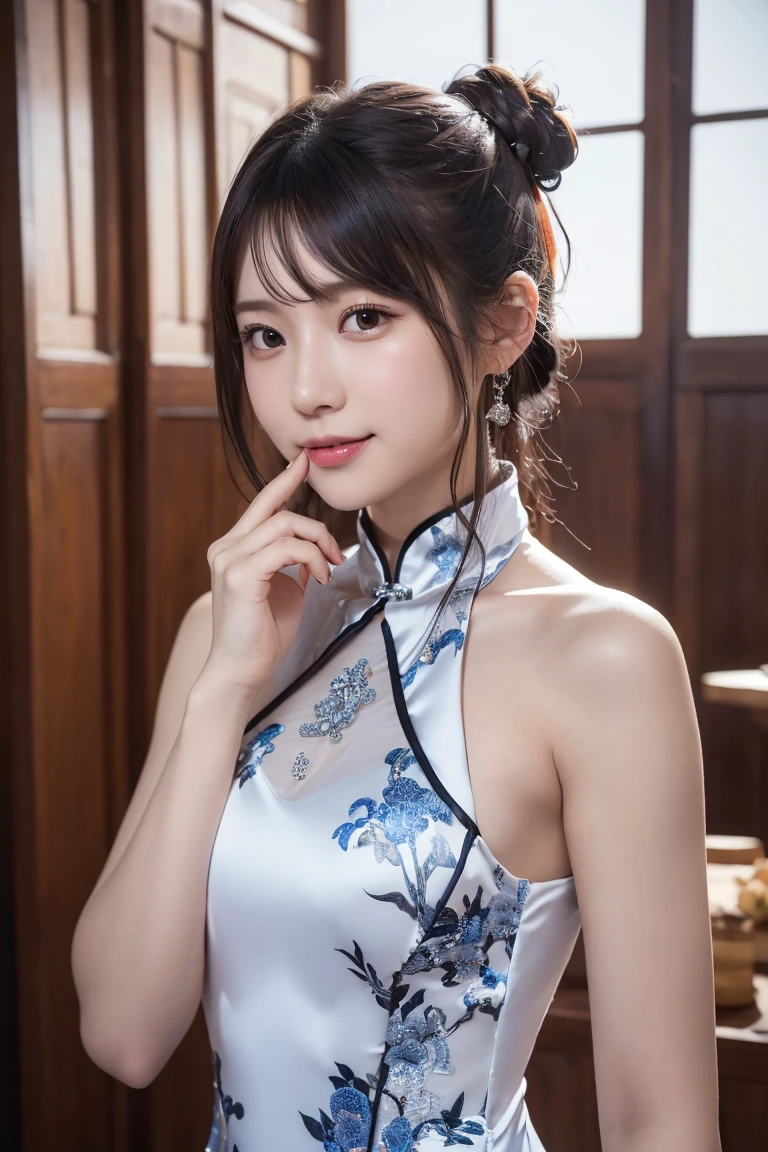 ((スポーツChina dress:1.3)), Swimwear, Skin color, big , smile, (8K, RAW Photos, Highest quality, masterpiece:1.2), masterpiece, super detailed, super high quality, (Realistic and photorealistic photography:1. 37), High-resolution RAW color photos, Very delicate and beautiful, highly detailed, 8K壁紙, wonderful, detailed, Very eye, very detailed, very detailed skin, very thin fingers, very detailed nose, very detailed mouth, Perfect Anatomy, Upper Body, 、(China dress:1.3)、Female Band、live、((Upper Body:1.3)), Nogizaka idol, Korean Idol, Idol sculpture'Pause, 18-year-old, cheap, Cafe, restaurant, Italy, deer, Australia, break ((Upward glance)), ((angle From above: 1. 3)), From above, Looking into the camera,