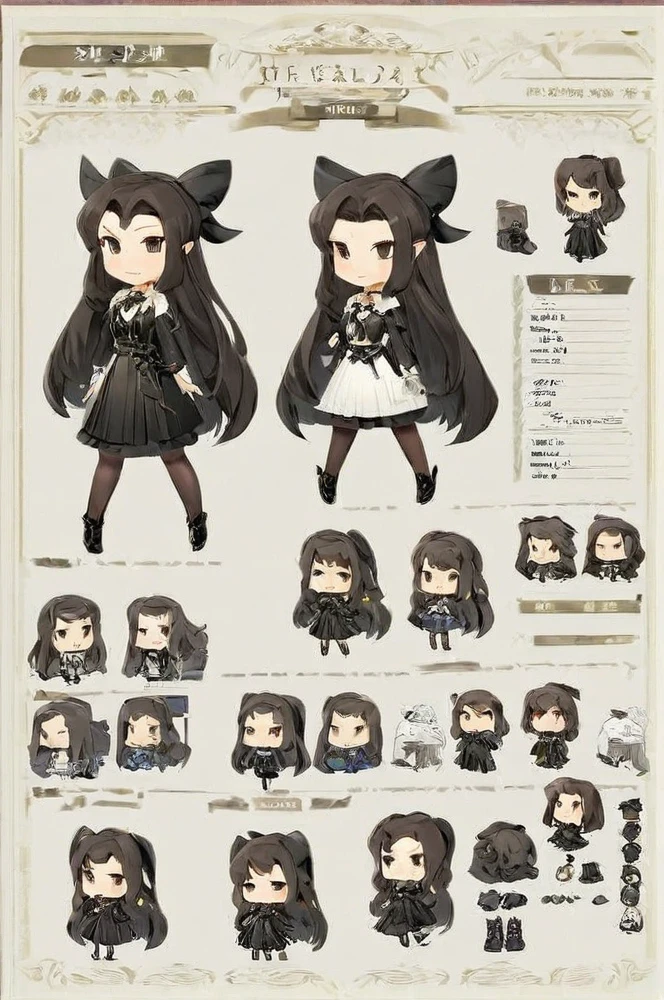 Character sheet, white background, chibi, female, long hair, wearing dress, cartoon style, high quality, high resolution