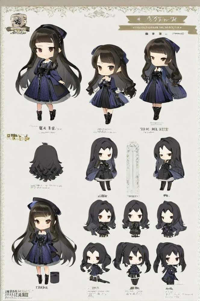 Character sheet, white background, chibi, female, long hair, wearing dress, cartoon style, high quality, high resolution