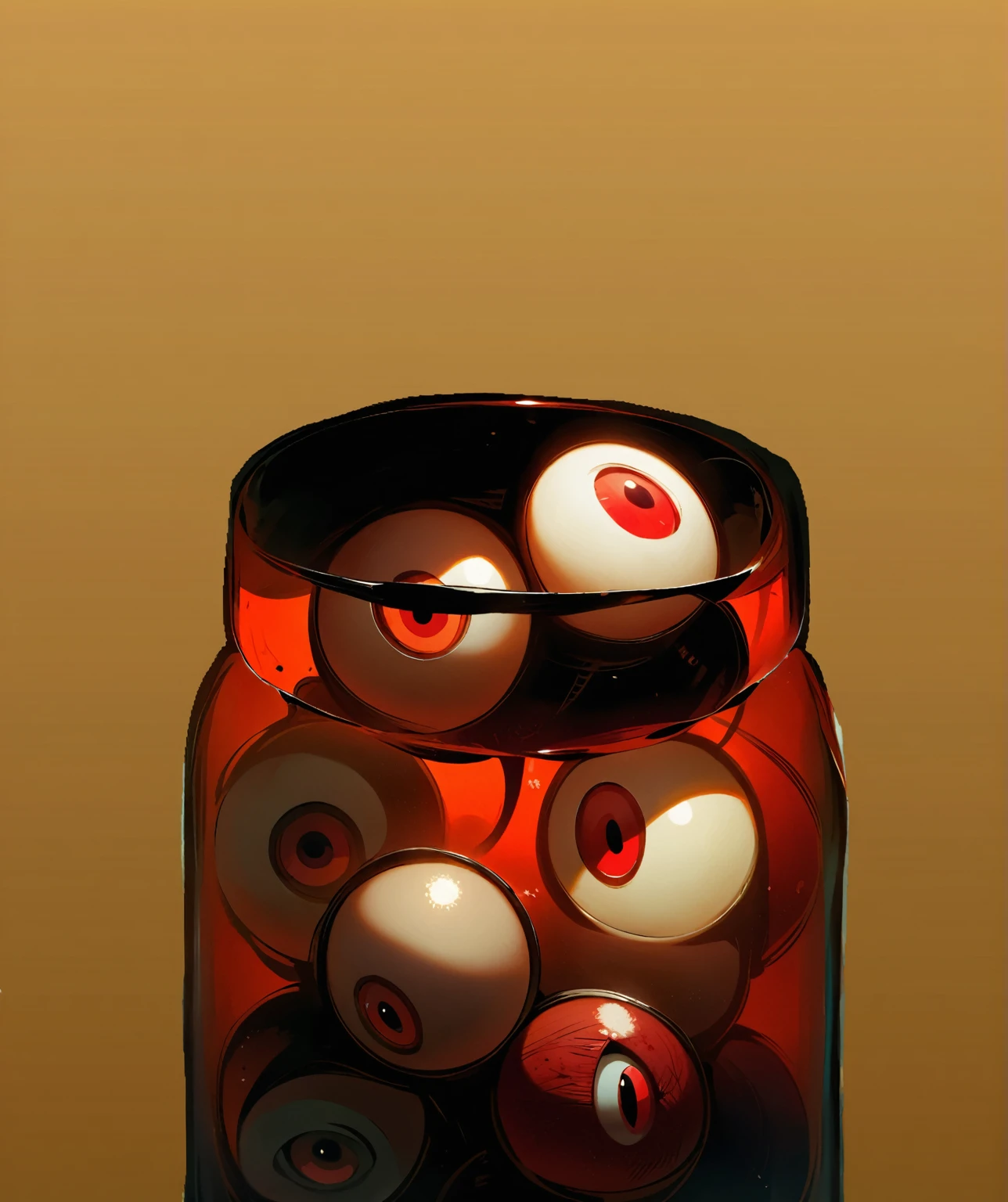 a glass jar filled with eyeballs, eyeballs, blood, early morning