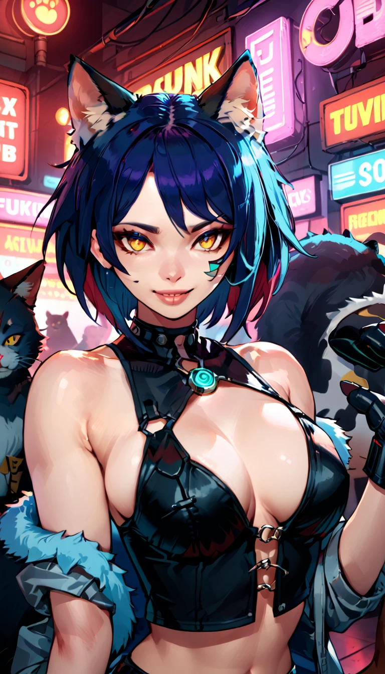 score_9, score_8_up, score_7_up,

(cyberpunk city, night club, midnight, furry crowd on background, [cat, dog, fox, wolf, cow, bull:0.33], night club dancefloor), 

((cat:1.2), anthro, female, looking to camera, stand calm, ((closeup portrait, buest)), punk color fur, short punk haircut, beautiful, have a cyberpunk-style augmentations, grin)