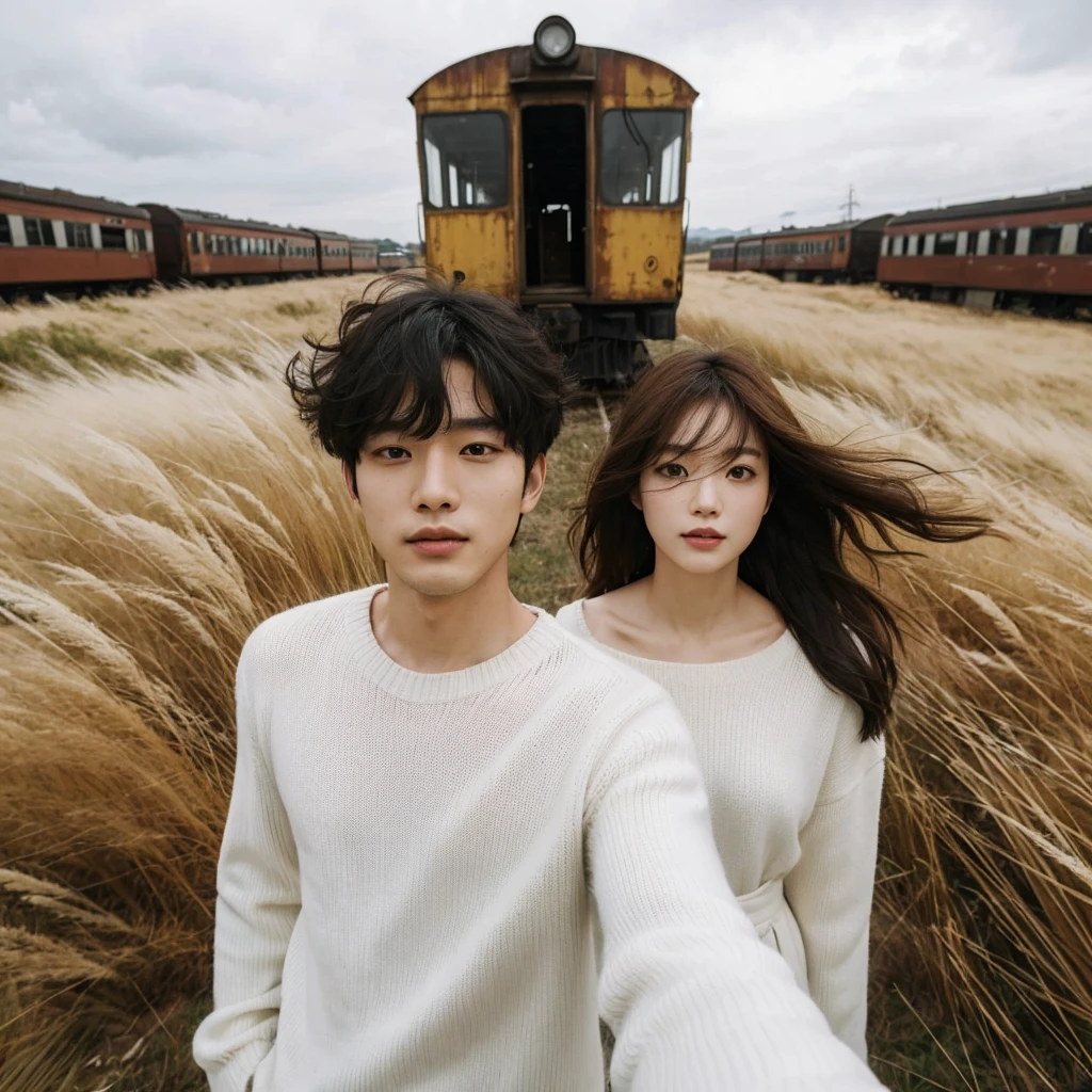 ultrawide shoot photography, a korean man with short curly hair stands with a korean woman with short hair, they are seen enjoying the calm breeze in a field with tall grass, behind you can see an abandoned train carriage from a distance, professional photography, wearing white sweater , interisting composition, photo shoot, promo shoot, illusion, long shot, face facing the camera.