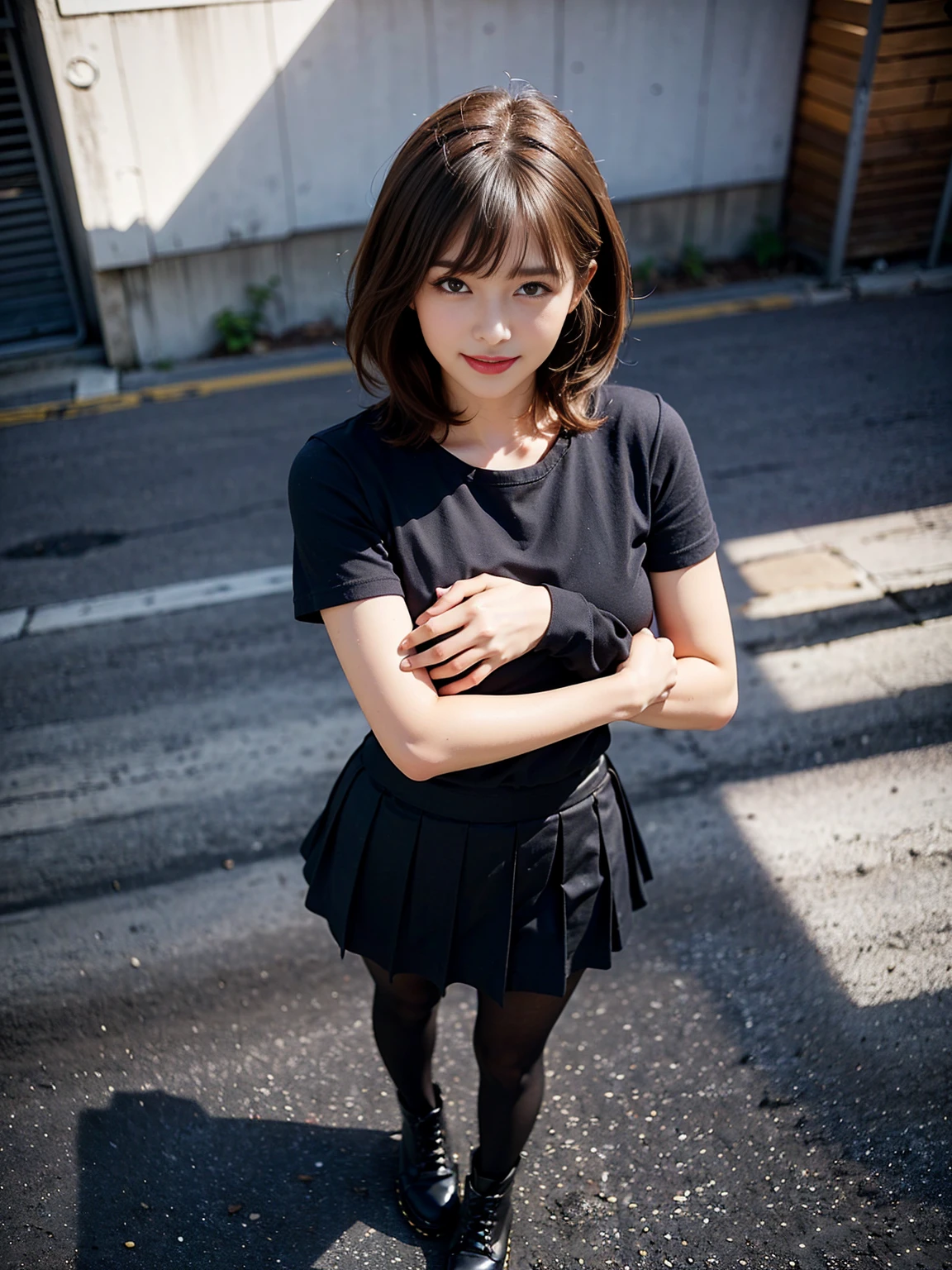 Full body portrait、((Tabletop, Highest quality, High resolution, nffsw, Pixel perfect, 4K, nffsw, nffsw))), One girl, single, alone, Beauty、I could see the whole body、 ((Mid-wave hair, bangs, Brown Hair)), ((Brown eyes, Beautiful eyelashes, Realistic eyes)), ((Detailed face, blush:1.2)), ((Smooth texture:0.75, Realistic texture:0.65, Realistic:1.1, Anime CG Style)), Medium breast, Dynamic Angle, Perfect body, ((Black Shirt, Black pleated skirt, 、Dr. Martens)), City Stairs、Angle looking up at the sky from under the crotch、Very embarrassing panic smile, 、、(風でスカートがめくれてPanties visible through pantyhose........................、Spread your skirt with both hands,Thick black pantyhose、)、,Exposed thighs!!Flip up your skirt with both hands、Panties visible through pantyhose、The whole body is visible


