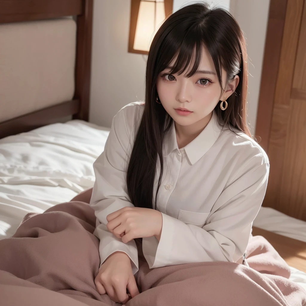 uhd, best quality, 1080P、1080×1920、Beautiful woman posing on the bed、Japanese Goddess、Beautiful curves、むちっとした体 日本model、Cute、清楚な女性 ゴージャスな中国model、model体型、Real、Beauty、uniform、shirt、one piece、Earrings、Gal、Adult women、young、Stylish、Girly Outfit、model、solo、One person、close