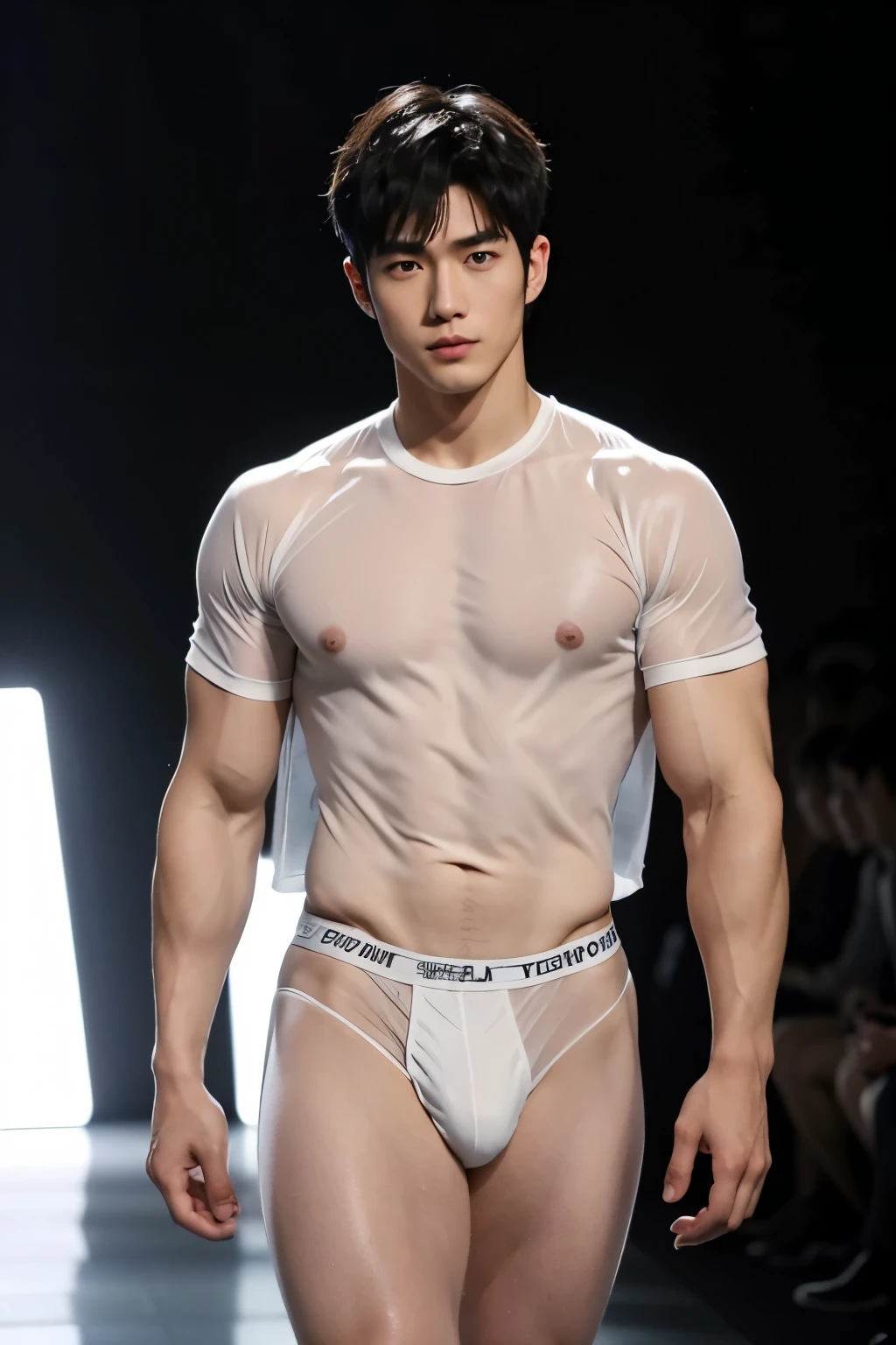 Japanese muscular male model, handsome, cool, perfect body, big muscles, short hair, white skin, wears flowing see-through clothes, wearing see-through thong, big bulge, sexy poses, catwalk, led lights, fashion show, crowded