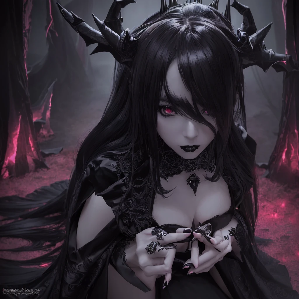 a woman in a black dress with horns and a demon head, demon anime girl, gothic maiden anime girl, dark fantasy style art, anime monster girl, detailed anime art, dark fantasy style, seductive anime girl, beautiful succubus, detailed anime digital art, anime fantasy artwork, demon girl, dark fantasy art, in style of dark fantasy art