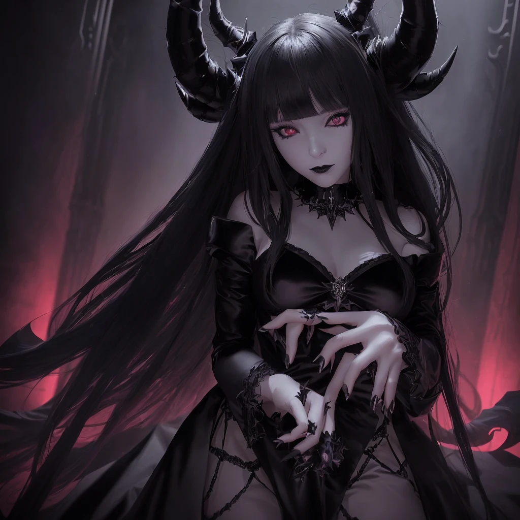 a woman in a black dress with horns and a demon head, demon anime girl, gothic maiden anime girl, dark fantasy style art, anime monster girl, detailed anime art, dark fantasy style, seductive anime girl, beautiful succubus, detailed anime digital art, anime fantasy artwork, demon girl, dark fantasy art, in style of dark fantasy art