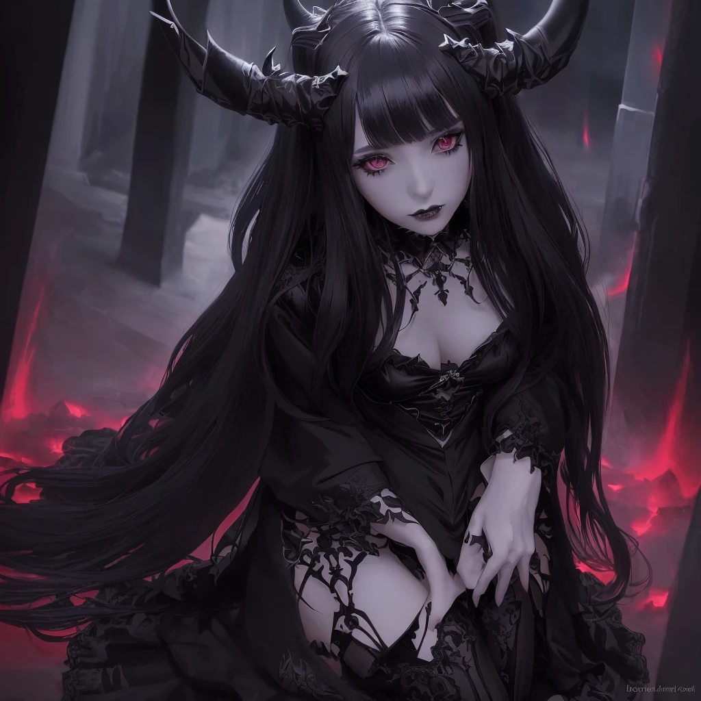 a woman in a black dress with horns and a demon head, demon anime girl, gothic maiden anime girl, dark fantasy style art, anime monster girl, detailed anime art, dark fantasy style, seductive anime girl, beautiful succubus, detailed anime digital art, anime fantasy artwork, demon girl, dark fantasy art, in style of dark fantasy art