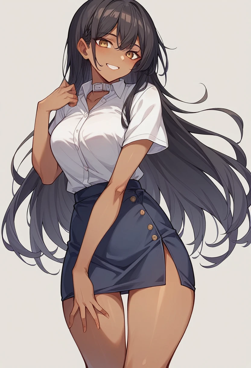 1 person、middle School girls、White polo shirt、mini skirt、Black Hair Semi-Long、White collar、Short sleeve、smile、Brown Skin、An illustration,EasyNegative、(最low quality、low quality:1.3)、(Bad hand、watermark、username:1)
