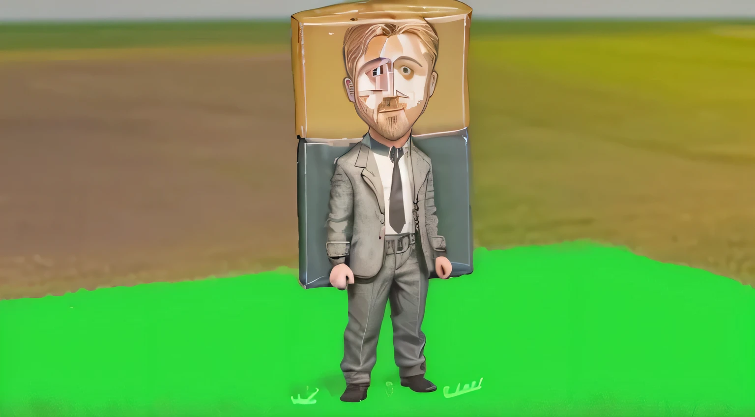 Ryan Gosling stands in the middle of the field, with a square head