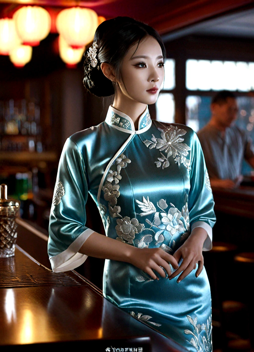 a chinagirl, Cheongsam, iridescent silk fabric, modern silver embroidery, night bar,epic realistic, intricate details, hyper detailed, cinematic, rim light,
