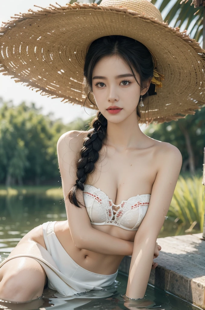 (((best quality))),(((ultra detailed))),(((masterpiece))),illustration,1 beautiful girl,slim,straw hat,shiny skin,black skin,sweat,wet,flat chest,strapless Embroidered red bra,collar,sitting in the Paddy pool filled with Rice seedlings,close-up of face,elegant, clear sky, sunlight, dreamy, contrast, natural,Chinese rural landscape,The body below the neck is in water