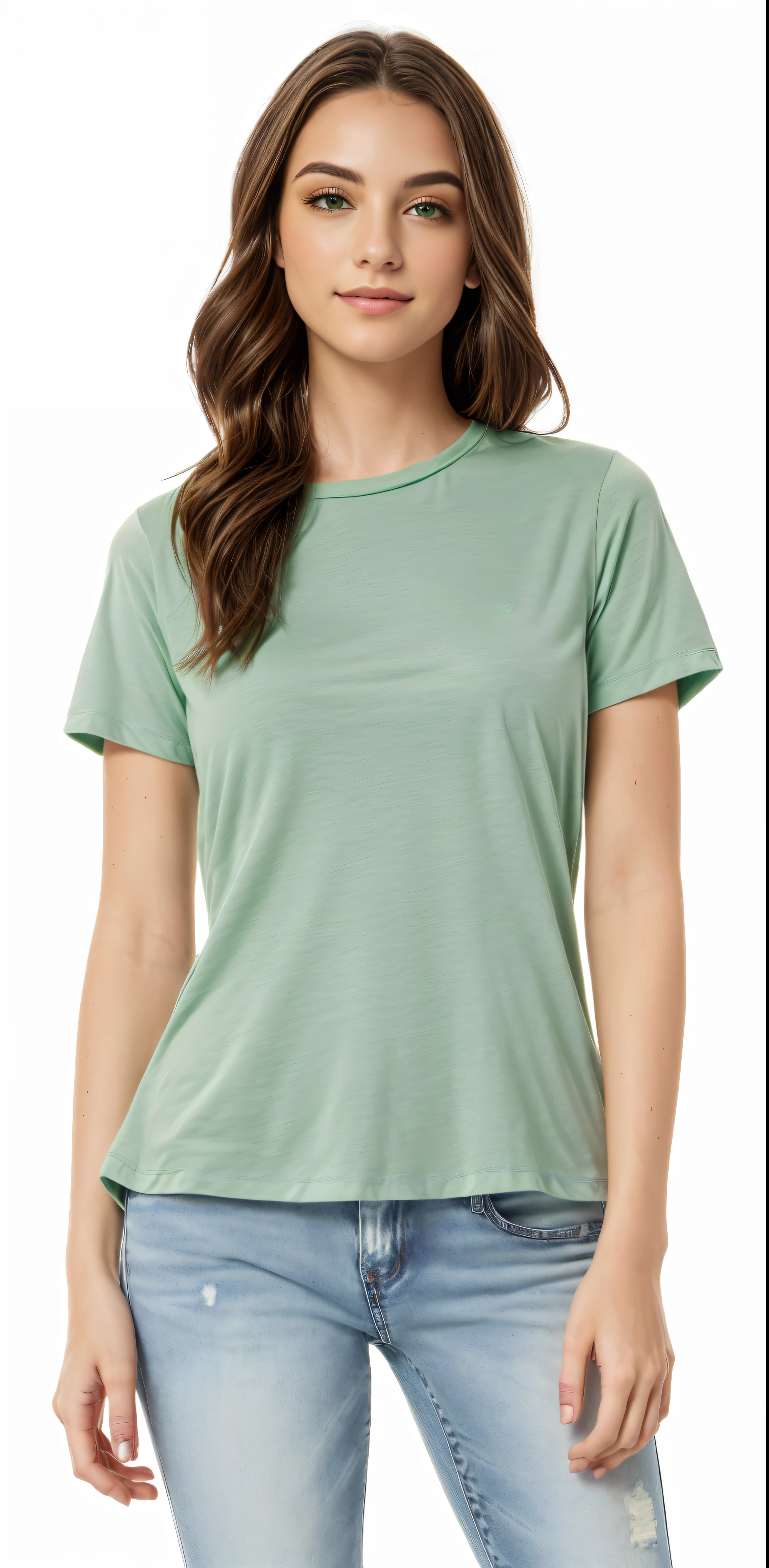 a woman wearing a green t-shirt and jeans, green sea foam, sage green, manga curta, casual green clothing, green shirt, verde floresta, green clothing, muted green, olive green, Velvia, pastel green, prana, productphoto, glistening seafoam, zellk, casual modern clothing, jade green, frontal portrait, green light