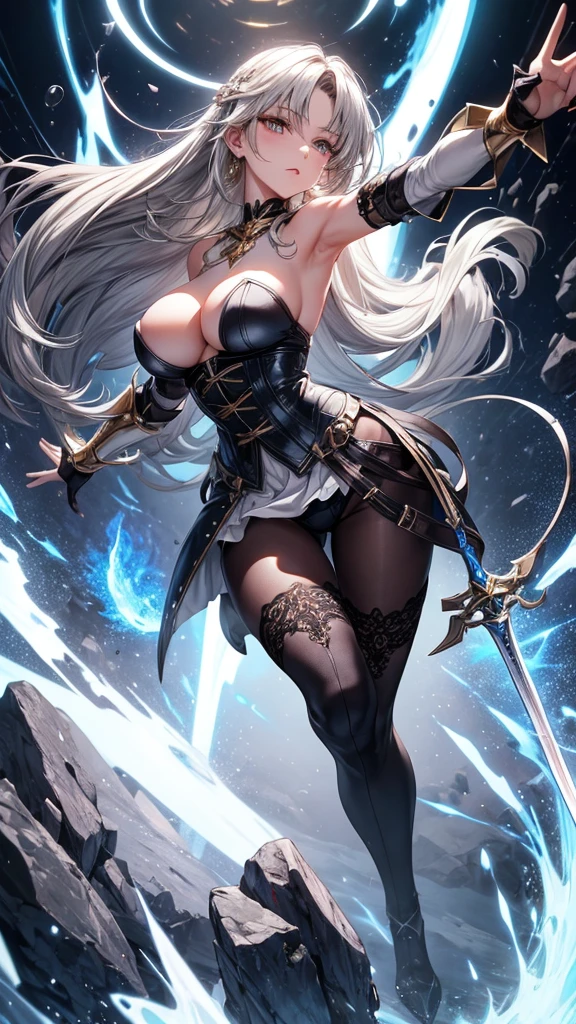 masterpiece, best quality, Mature women,, gray hair, Long Hair Flying，fantasy, middle Ages, On the war zone, dynamic poses, Beautiful and detailed light，black corset，White miniskirt，Lace exposed，Golden eyes，There are blue sword lights all around，silence