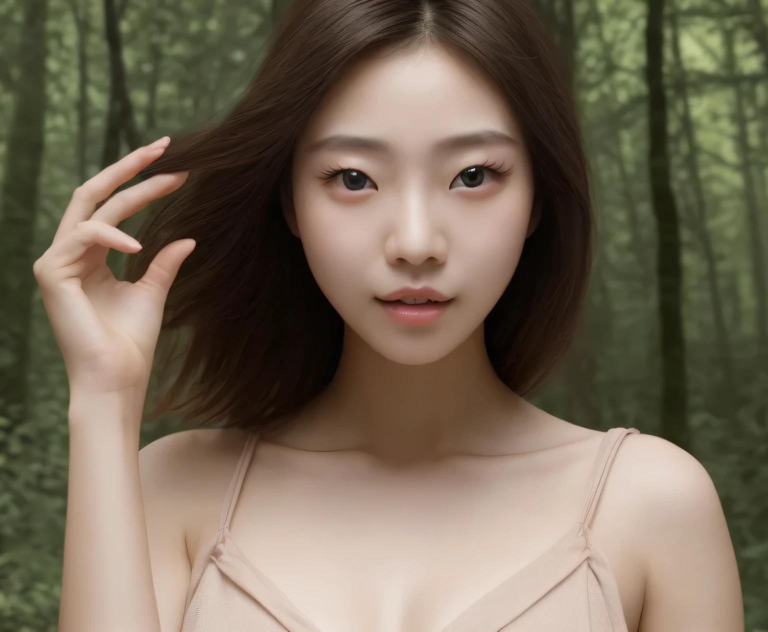 (masterpiece,High resolution,high quality,16K),(Beautiful and realistic Japan people、Beautiful girl in a brown dress standing in a dark forest), Magnificent style, Octane Rendering, Spooky Forest, Beautiful Face, Surreal, Son of God:1.3, Glamorous Body:1.4、realism, masterpiece, The best of art., Clear Eyes,Short Bob、Perfect Anatomy、Beautiful body、Beautiful Skin、double eyelid、Proof of Life、At work、