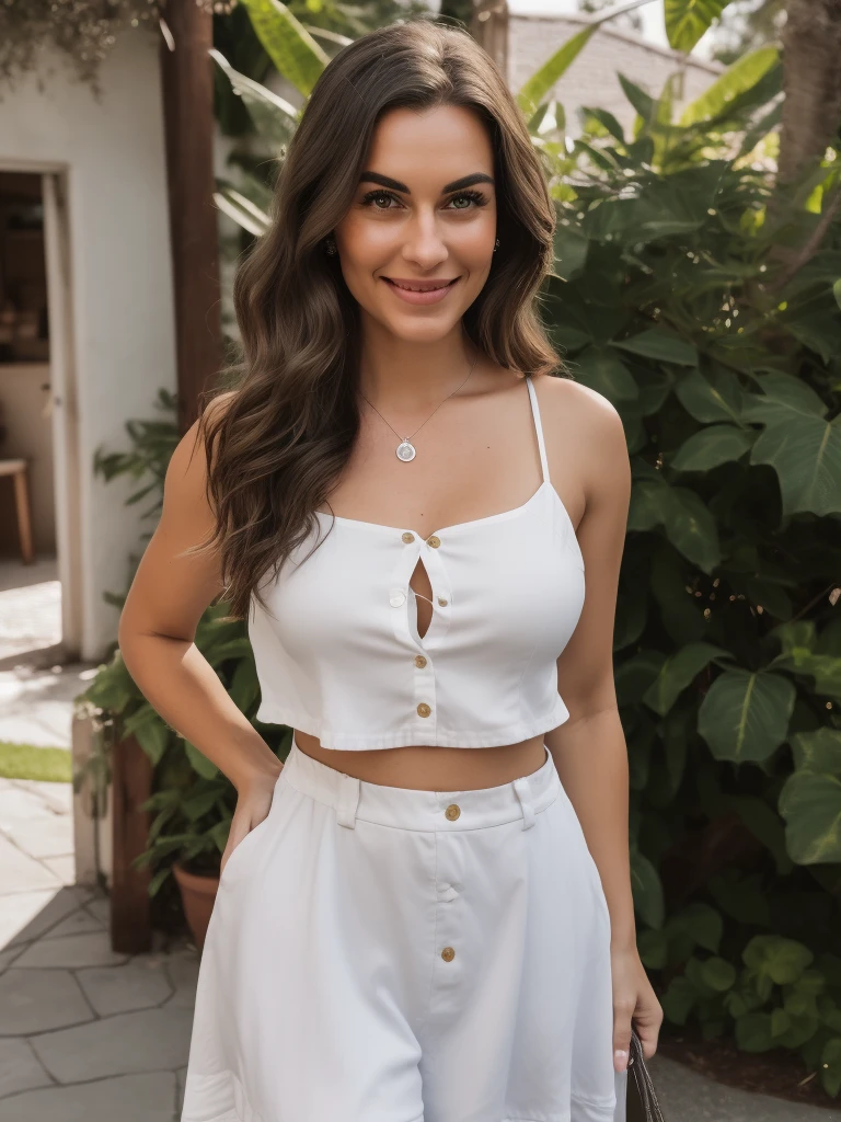a 22 year old woman, smiling expression and, long wavy brown hair framing face,brown bright eyes,full slightly parted lips,button nose with freckles,thick dark eyebrows,high defined cheekbones,long curled eyelashes,showing curves,posing outdoor setting,wearing a dark blue dress and soft flowing fabric,white air force 1,silver necklace and bracelet,for the background place her on an rich restaurant  ,smiling happily,looking directly at camera,natural soft lighting, in night,crisp clear photo showing details,(best quality,4k,8k,highres,masterpiece:1.2),ultra-detailed,(realistic,photorealistic,photo-realistic:1.37),HDR,UHD,studio lighting,ultra-fine painting,sharp focus,physically-based rendering,extreme detail description,professional,vivid colors,bokeh,outdoor photography