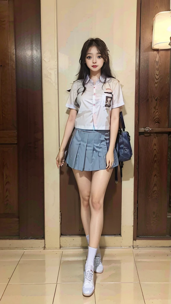 ((highest quality, 8,000 people, masterpiece: 1.3)), (22 year old adult female), (Glowing Skin:1.3), 매우 detailedな顔과 피부 질감, Fine grain, double eyelid, Realistic, Highly detaileded CG Integrated 8,000 people Dendenden Wallpapers, detailed, High-quality RAW color photos, Professional photography, (8,000 people, RAW Photos, highest quality:1.2), (Glowing Skin:1.3), (very large and drooping chest,:1.2), (detailedな顔:1.2), (liying on the floor), ((Wearing Indonesian high school uniform:1.4)), Wooden floor, Wardrobe Background (neatly organized clothes:1.6), arm_superior, Slim body with G-cup bust,