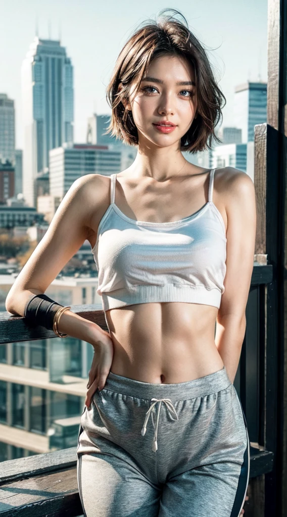 Otherworldly beauty:1.2), laugh at, 25 years old, Kawaii face, The most beautiful smile, Photos of fashion magazines, masterpiece, Top quality, Award-winning works, ((high resolution)), ((Extremely detailed CG unity 8k wallpaper)), Very good skin, (pretty short hair), Perfect body lines, Slim, Cute spaghetti straps, Bare belly,,Vest line,Abdominal muscles ,Sports pants,Elegant and stylish atmosphere, Charming and seductive, Sexy Girls, Standing against the backdrop of the city skyline, Autumn Light