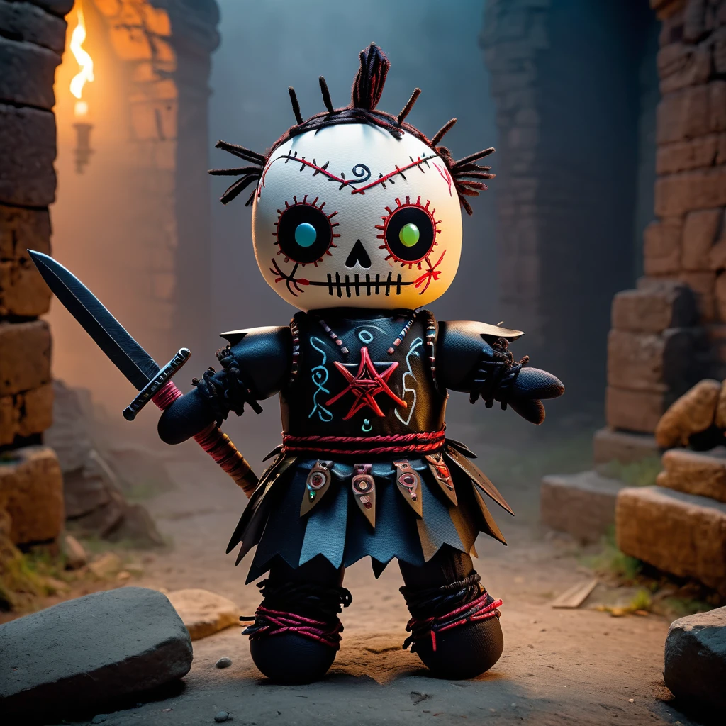 (knitted toy voodoo doll: 1.7), (Voodoo Guardian: 1.3), (clothing Armor covered in darkness, shield with ancient symbols, sword from darkness: 1.0), (against the background Ruins of an ancient fortress, fog, blurred silhouettes of ghosts: 1.3), best quality, masterpiece, detailed soft oil painting, detailed background, dramatic cinematic lighting, soft edge lighting, professional, dramatic lighting, hard edge lighting, ultra quality, 4k,masterpiece, best quality, 8k, ultra highres, highres, extremely detailed