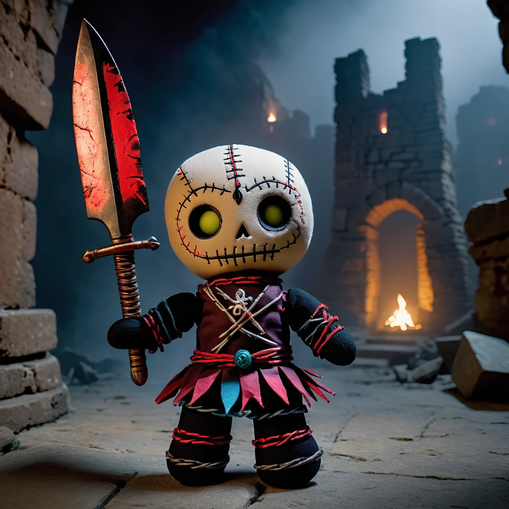 (knitted toy voodoo doll: 1.7), (Voodoo Guardian: 1.3), (clothing Armor covered in darkness, shield with ancient symbols, sword from darkness: 1.0), (against the background Ruins of an ancient fortress, fog, blurred silhouettes of ghosts: 1.3), best quality, masterpiece, detailed soft oil painting, detailed background, dramatic cinematic lighting, soft edge lighting, professional, dramatic lighting, hard edge lighting, ultra quality, 4k,masterpiece, best quality, 8k, ultra highres, highres, extremely detailed