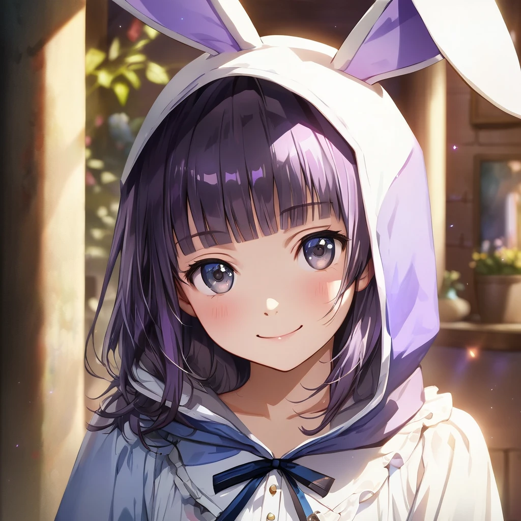 a rabbit costume from Alice in Wonderland,(Cute a girl:1.5), (masterpiece:1.3), anime visual,  (Lovey-dovey:1.5), (tilt head:1.3), extremely delicate face, realistic lighting and shading, (an extremely delicate and beautiful art:1.3),,smiling,pale purple wavy and blunt bangs hair,green and black eyes,smiling,from front,White brim, 