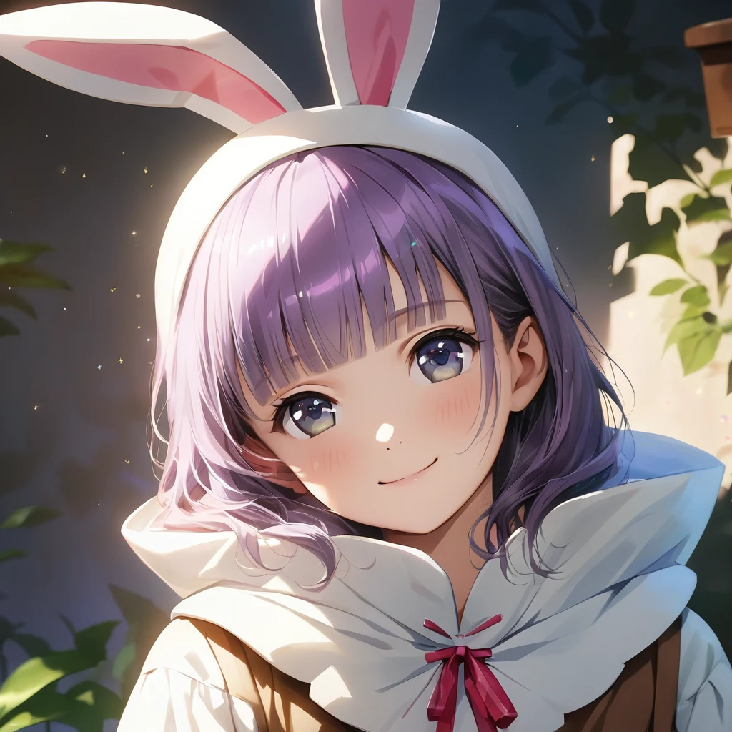 a rabbit costume from Alice in Wonderland,(Cute a girl:1.5), (masterpiece:1.3), anime visual, (Lovey-dovey:1.5), (tilt head:1.3), extremely delicate face, realistic lighting and shading, (an extremely delicate and beautiful art:1.3),15 years old,smiling,pale purple wavy and blunt bangs hair,green and black eyes,smiling,from front,White brim,