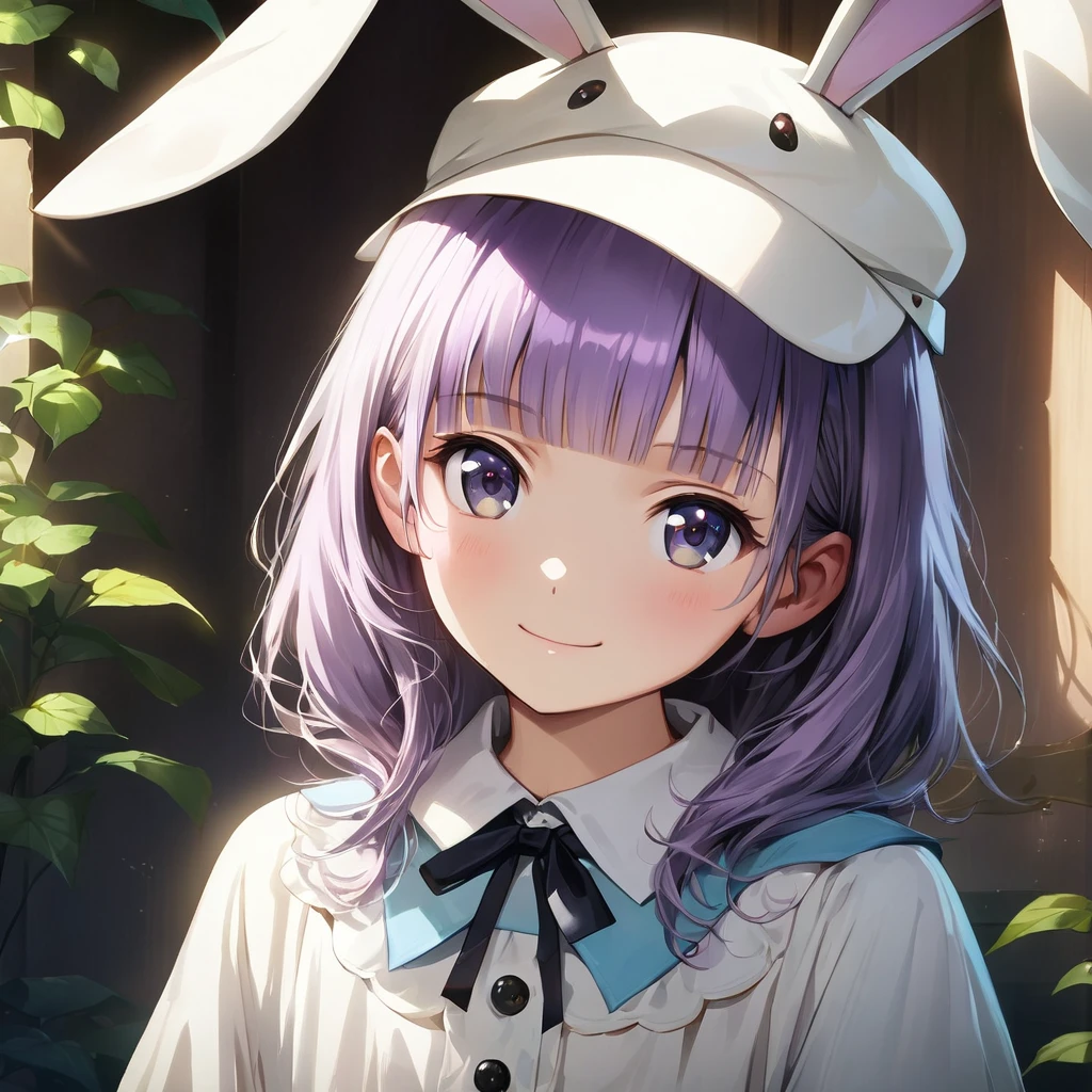 a rabbit costume from Alice in Wonderland,(Cute a girl:1.5), (masterpiece:1.3), anime visual, (Lovey-dovey:1.5), (tilt head:1.3), extremely delicate face, realistic lighting and shading, (an extremely delicate and beautiful art:1.3),15 years old,smiling,pale purple wavy and blunt bangs hair,green and black eyes,smiling,from front,White brim,